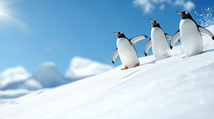 Obraz premium Three animated penguins playfully sliding on snowy landscape under bright blue sky, creating joyful and lively scene
