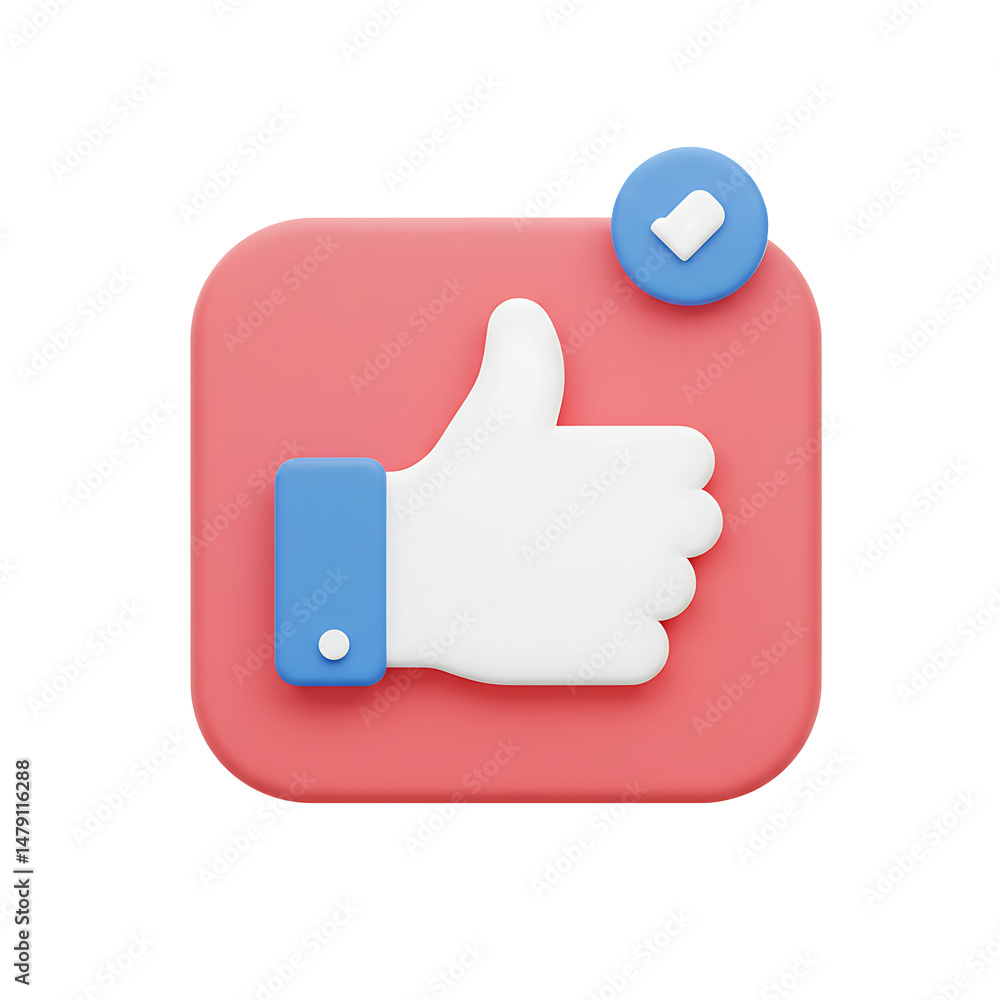 Poster 3d render of thumbs up icon on pink square button with check mark