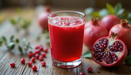 Fresh pomegranate juice in glass with whole fruits on wooden table