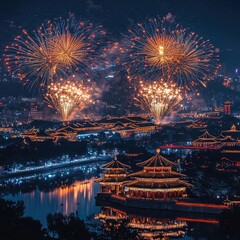 Naklejka premium Fireworks exploding above a city skyline with river, tall buildings, and traffic trails during evening celebration. Generative by AI.