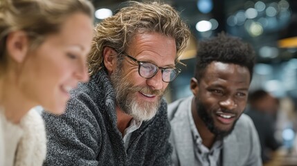 A group of diverse businesspeople working together in a modern office space, focused on innovation.