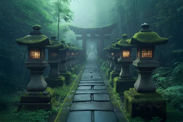 Fotobehang Mysterious pathway lined with lanterns in a serene forest during early morning mist © EdvvinStudios