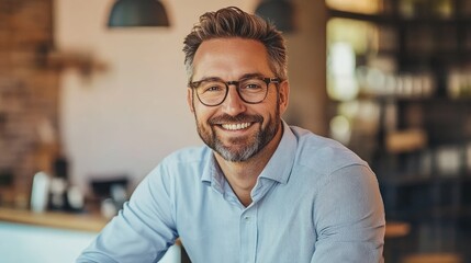 Smiling mature man in a light blue shirt and glasses.