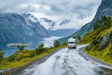 Fototapeta premium Couple enjoying a scenic mountain road trip in Norway with a camper van during a cloudy day, Couple goes on a mountain road in Norway by Campervan RV