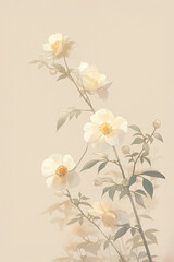 Naklejka premium Gentle blooms of pale flowers with soft green leaves against a light background in a serene setting