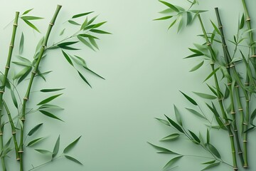 Green leaves scattered on a light green background. Suitable for nature themed designs, environmental concepts, wellness marketing, and organic products.