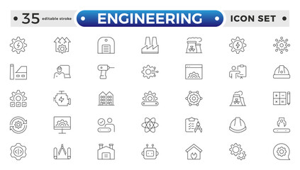 Engineering outline icon set. Future technology icon set. Containing robot, artificial intelligence, innovation, smart city, robotics, humanoid, hologram, digital world. Editable stroke outline icon.