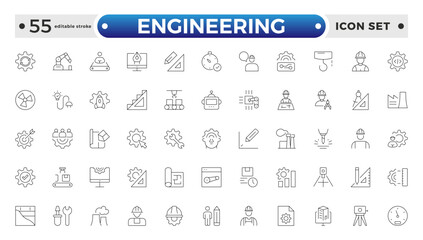 Engineering outline icon set. Future technology icon set. Containing robot, artificial intelligence, innovation, smart city, robotics, humanoid, hologram, digital world. Editable stroke outline icon.
