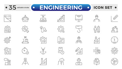 Engineering outline icon set. Future technology icon set. Containing robot, artificial intelligence, innovation, smart city, robotics, humanoid, hologram, digital world. Editable stroke outline icon.
