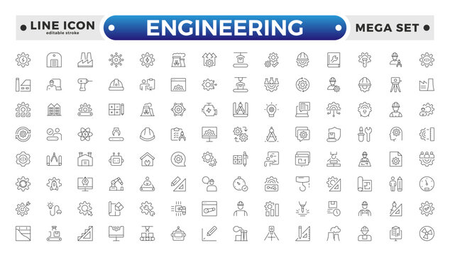 Engineering outline icon set. Future technology icon set. Containing robot, artificial intelligence, innovation, smart city, robotics, humanoid, hologram, digital world. Editable stroke outline icon.