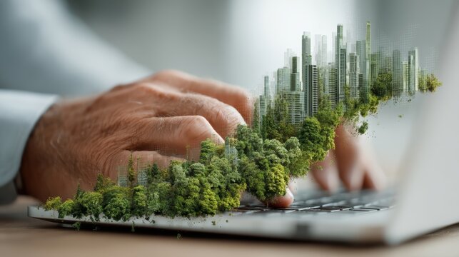 A business professional using a laptop to monitor sustainability progress and growth, with virtual green graphics displayed