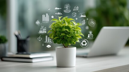 The bright green leaves of a plant surrounded by digital sustainability symbols on a modern workspace desk