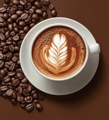 Latte Art Delight: An artfully crafted latte is presented alongside roasted coffee beans on a simple surface, appealing to coffee lovers everywhere. 