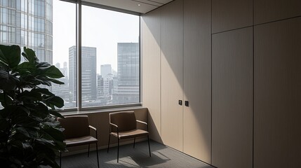 Modern office waiting area with city view.