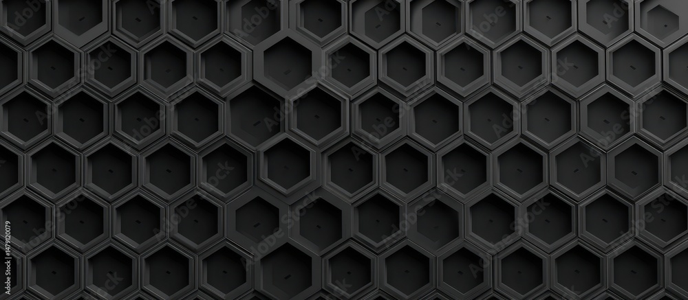 Poster intricate black hexagonal geometric pattern design.