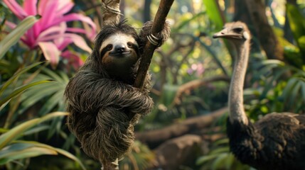Fototapeta premium Sloth and Ostrich in Jungle