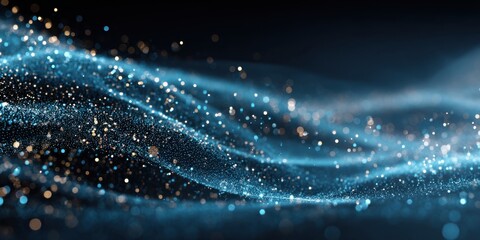 Glittering abstract blue wave with sparkling light particles for festive decorations and design