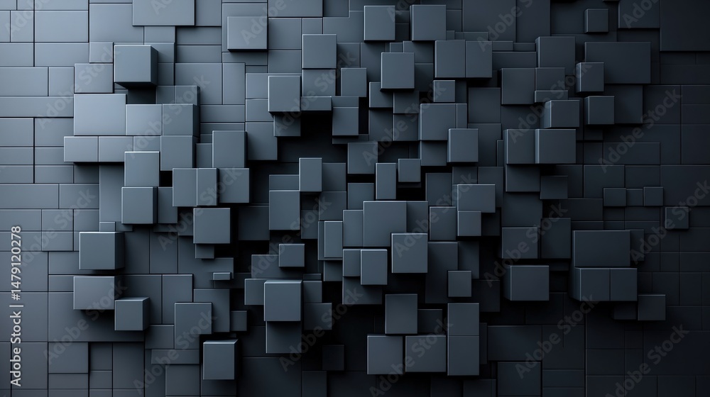 Poster abstract 3d cube pattern with many dark gray cubes of various sizes arranged in a complex geometric 