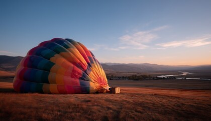 Obraz premium A vibrant hot air balloon lies deflated on a grassy field at sunrise, overlooking a serene, expansive landscape.