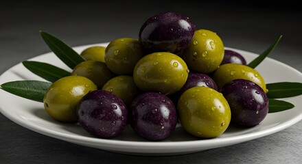 Obraz premium Green and Purple Olives on White Plate