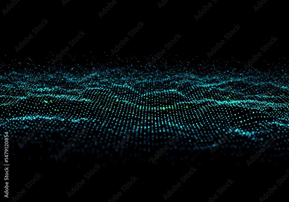 Poster abstract digital network with blue and green dots forming a wave pattern on black