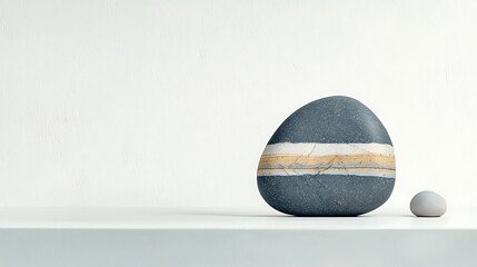 Smooth, layered stone sculpture with small, round stone, against a stark white wall