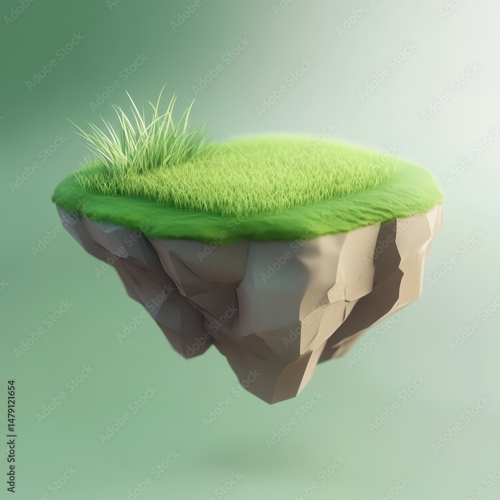 Poster floating island with green grass close up low poly style on green background in studio setting