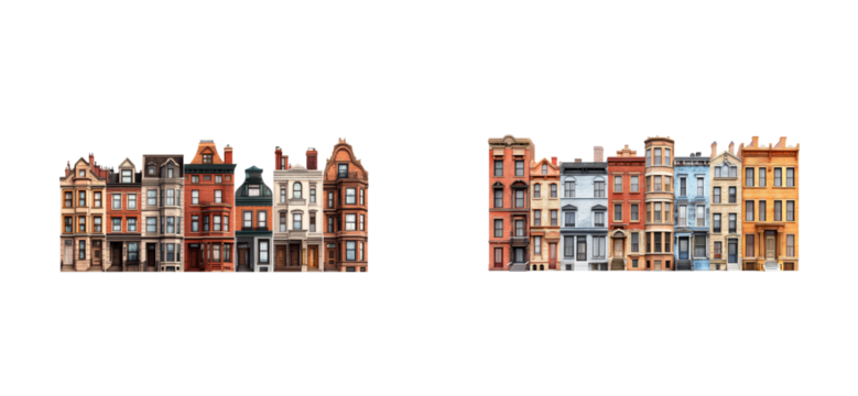 Colorful row houses with brick facade and architectural details, cut out transparent