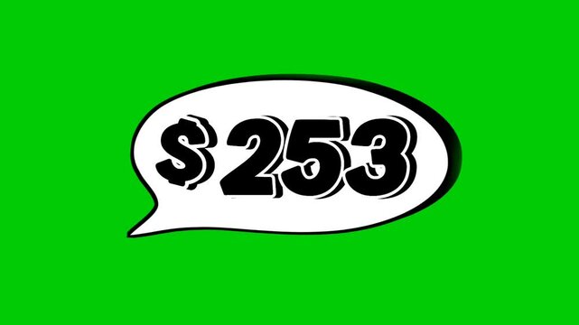 253 dollars price tag animation motion graphics in speech bubble on green screen background for wholesale or black Friday event business concept video element