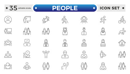 People outline icon set. Containing group, family, human, team, community, friends, population and senior icons. Editable stroke outline icon.
