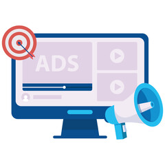 Social Media Marketing. Vector illustration of A desktop screen shows a video ad and a bullseye target symbolizing focused digital advertising. Isolated on background
