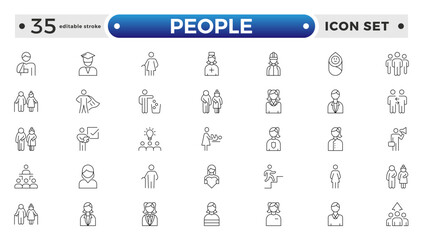 People outline icon set. Containing group, family, human, team, community, friends, population and senior icons. Editable stroke outline icon.
