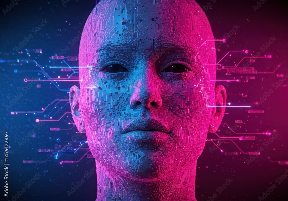 Poster a digital humanoid face with circuit patterns represents artificial intelligence and future technolo