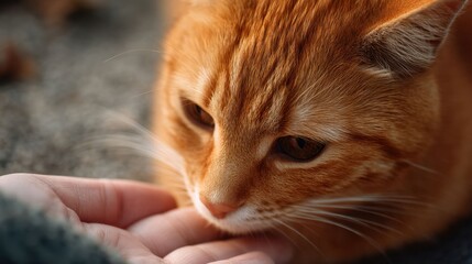 Cat Gently Interacts with Human Hand in Warm Natural Setting
