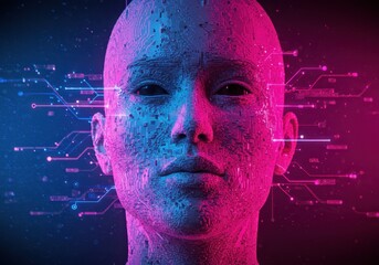 A digital humanoid face with circuit patterns represents artificial intelligence and future technology