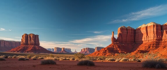Sunny Desert Landscape With Red Rocks and Blue Sky.