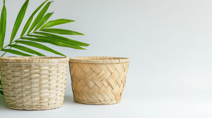 Fototapeta premium Minimalist image of two woven baskets with green palm leaf, showcasing natural materials and serene aesthetic