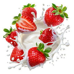 Ripe strawberries falling into creamy milk splash on transparent background png cutout
