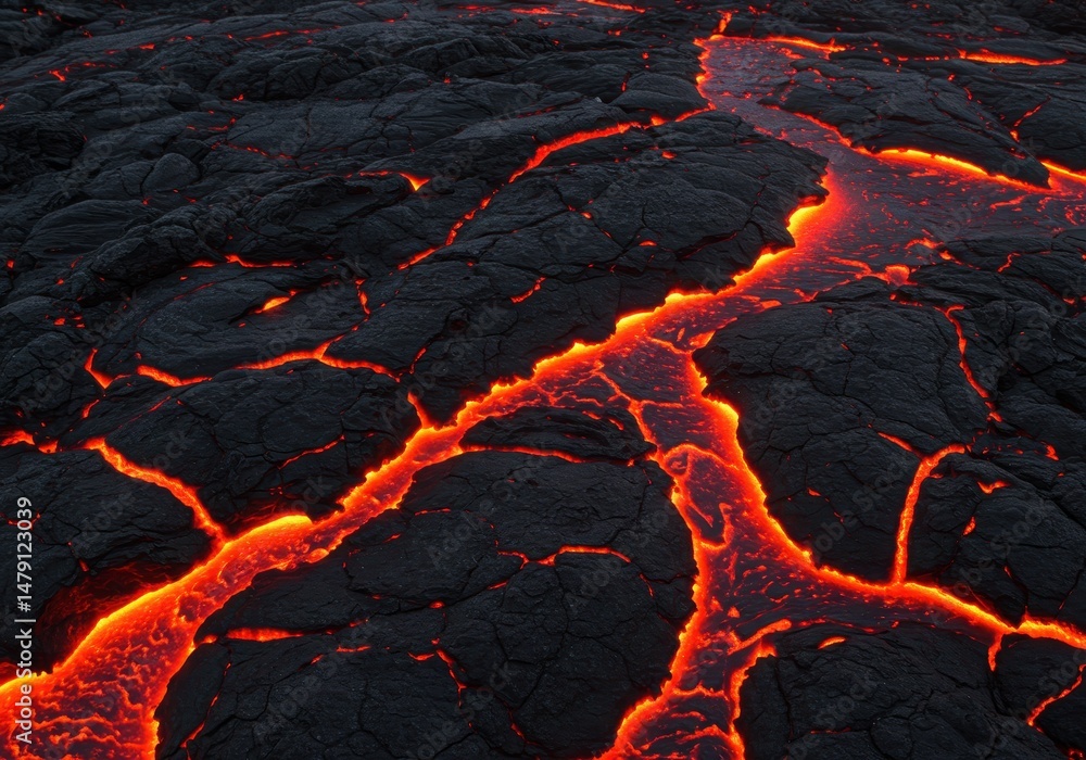 Aufkleber molten lava flows across a dark volcanic rock surface creating a textured pattern
