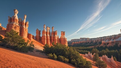 Majestic hoodoos landscape with orange hues and lush greenery image