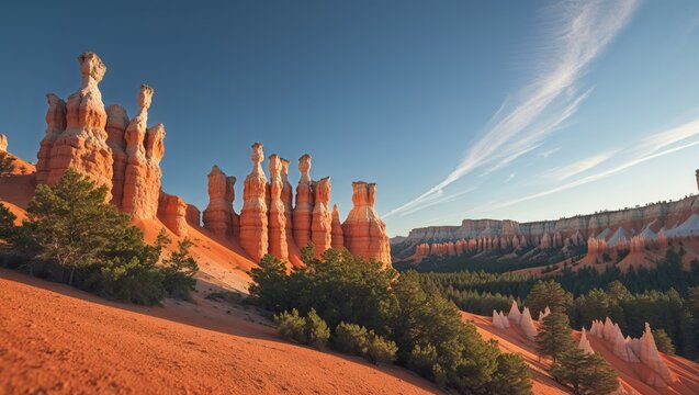 Majestic hoodoos landscape with orange hues and lush greenery image