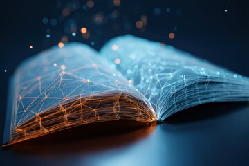 Concept of digital literacy and e-learning, represented by a low-poly book with futuristic symbols.