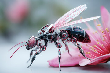 Futuristic robotic insect drone perched on a vibrant pink flower, merging biology and technology in a pollination system of the future, ai generative.