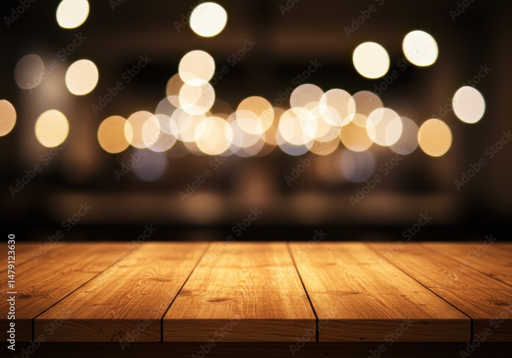 Poster wooden table surface with blurred lights creates a warm and inviting atmosphere for display