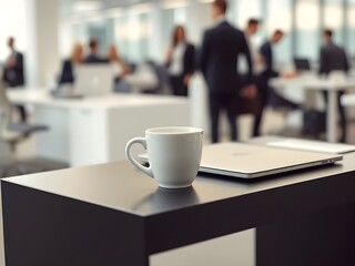 White coffee cup with laptop computer on office table for business concept, in clean office.
