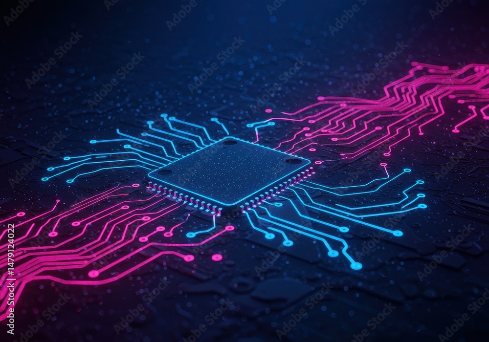 Poster close up of a glowing microchip with pink and blue circuit patterns on a dark background