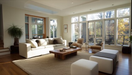 Fototapeta premium A cozy living room with soft seating and clean design enhanced by natural light streaming in.