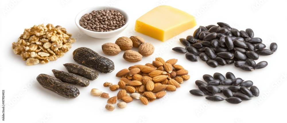 Poster assorted nuts and seeds displayed on white background studio shot featuring walnuts almonds peanuts 