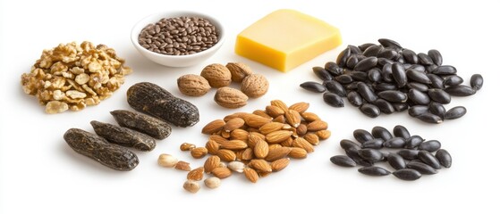 Obraz premium Assorted Nuts and Seeds Displayed on White Background Studio Shot Featuring Walnuts Almonds Peanuts Sunflower Seeds Flax Seeds and Cheese