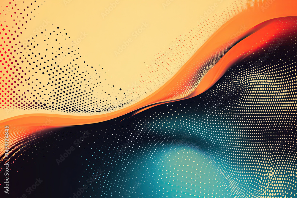 Poster abstract orange and teal wave flowing over halftone pattern background